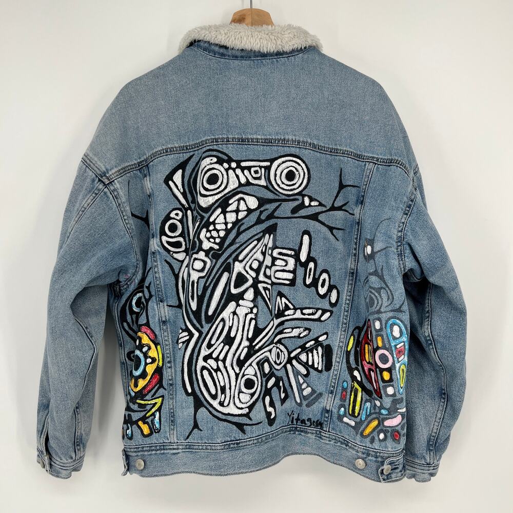 American Eagle Sherpa Denim Trucker Jacket Large Handpainted by Artist Yitagesu